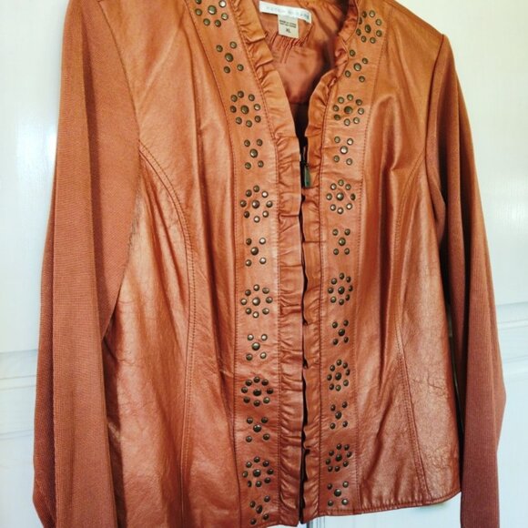 Peter Nygard Vintage 1/2 Leather 1/2 Sweater Zip Up Jacket in Burnt Orange Sz XL - Picture 7 of 8